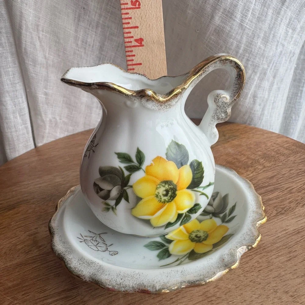 VTG Enesco Mini Pitcher Creamer and Saucer White Yellow Floral Gold Trim Japan
